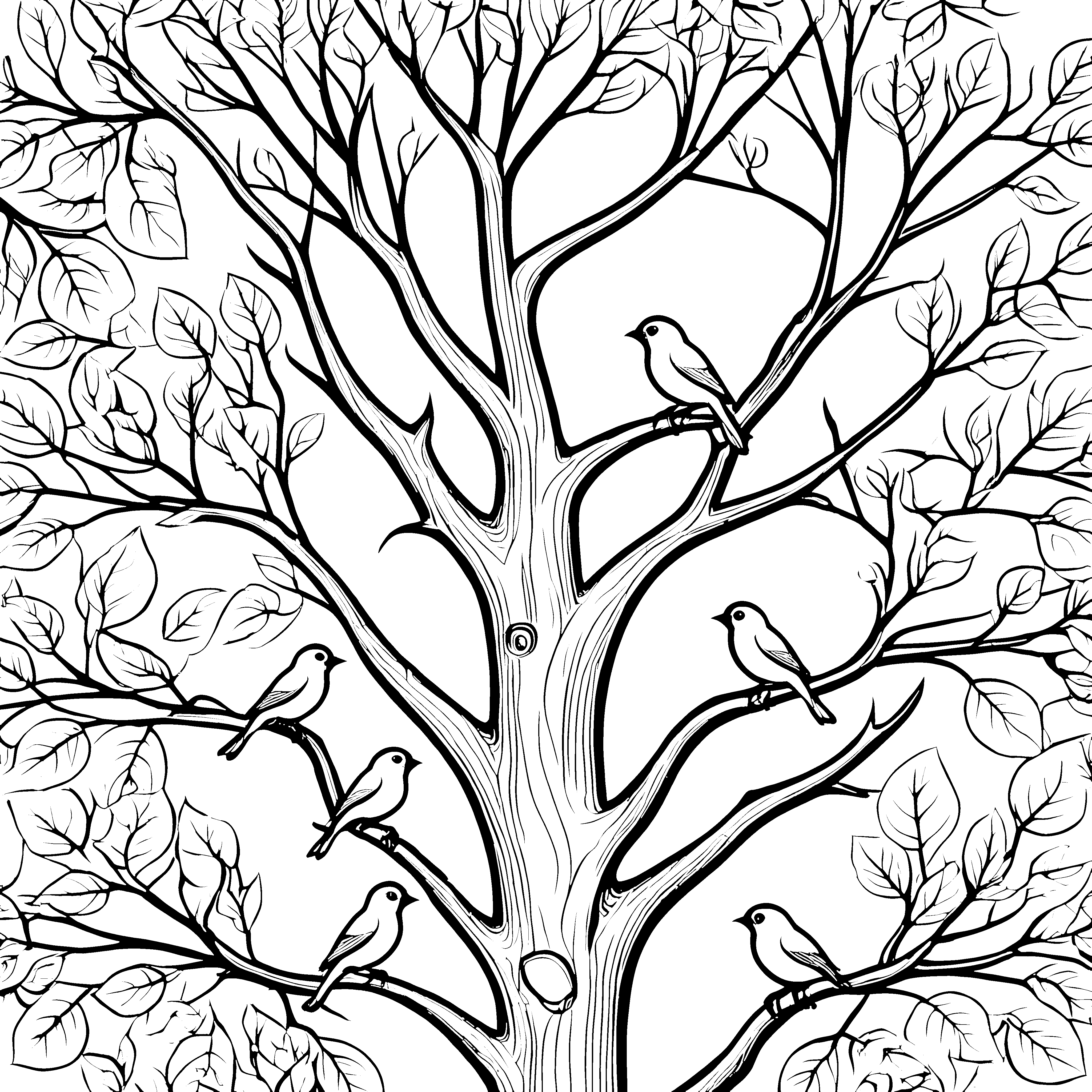 Harmonische Vögel auf einem großen Baum Ausmalvorlage für neugierige Waldfreunde