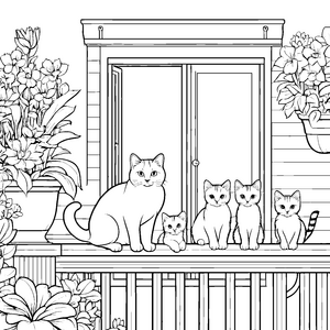 Idyllische Katzenmama mit Kitten am Balkon Ausmalvorlage für Blumenfreunde