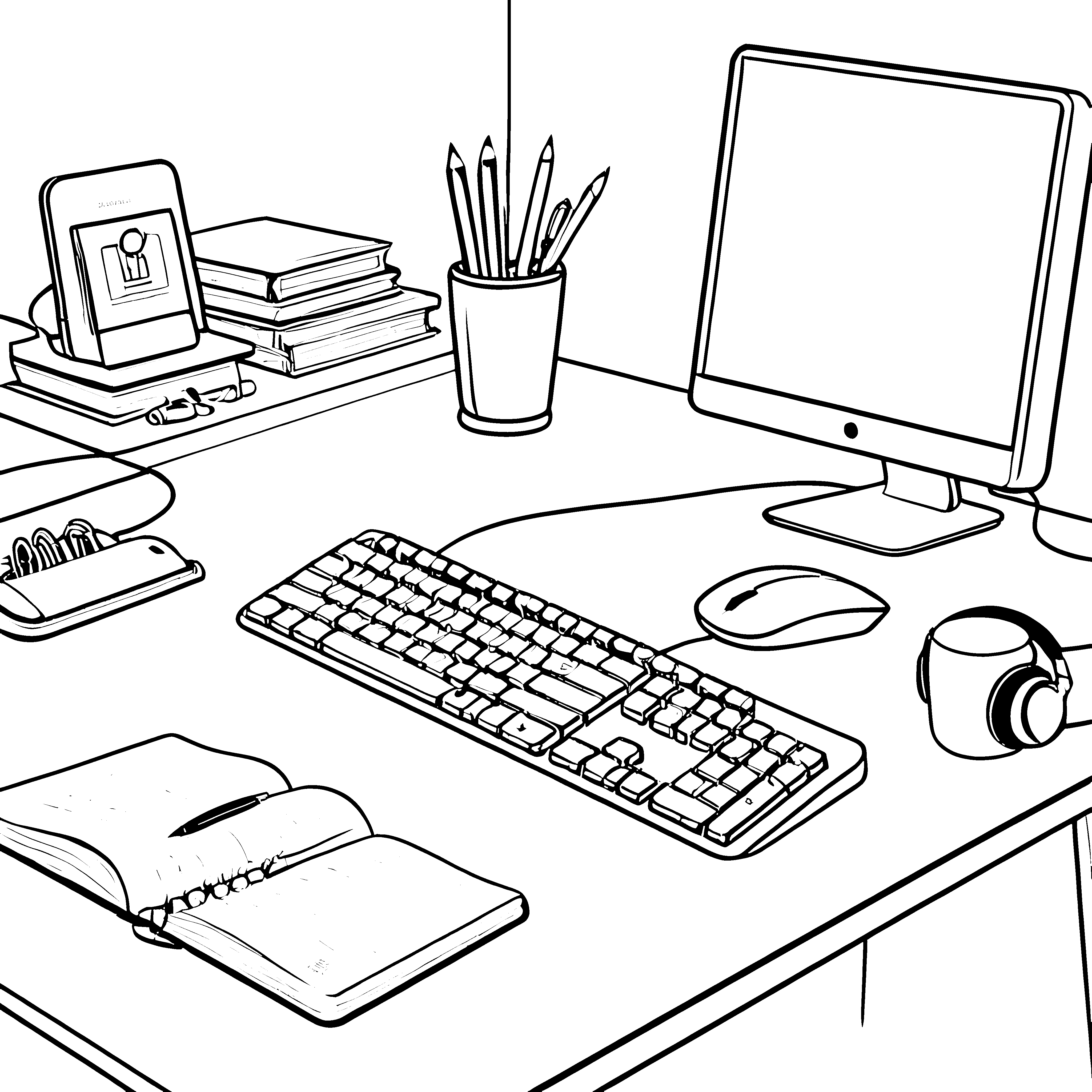 Moderner Schreibtisch mit Tastatur Malvorlage für neugierige Bürohelfer