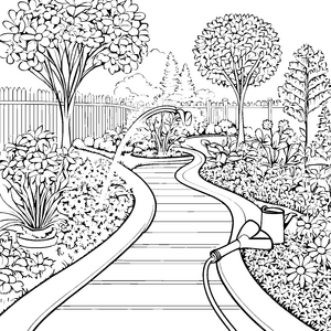 Fröhlicher Gartenschlauch mit Sprühpistole Ausmalvorlage für kreative Gartenfreunde