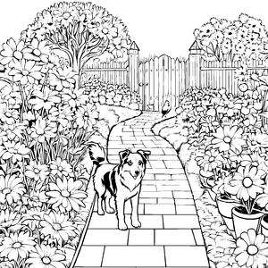 Wachsamer Australian Shepherd im Blumenbeet Ausmalvorlage für verträumte Gartenfreunde