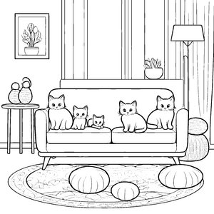 Gemütliche Katzenmama mit Kitten auf dem Sofa Ausmalvorlage für kleine Wohnzimmerfreunde