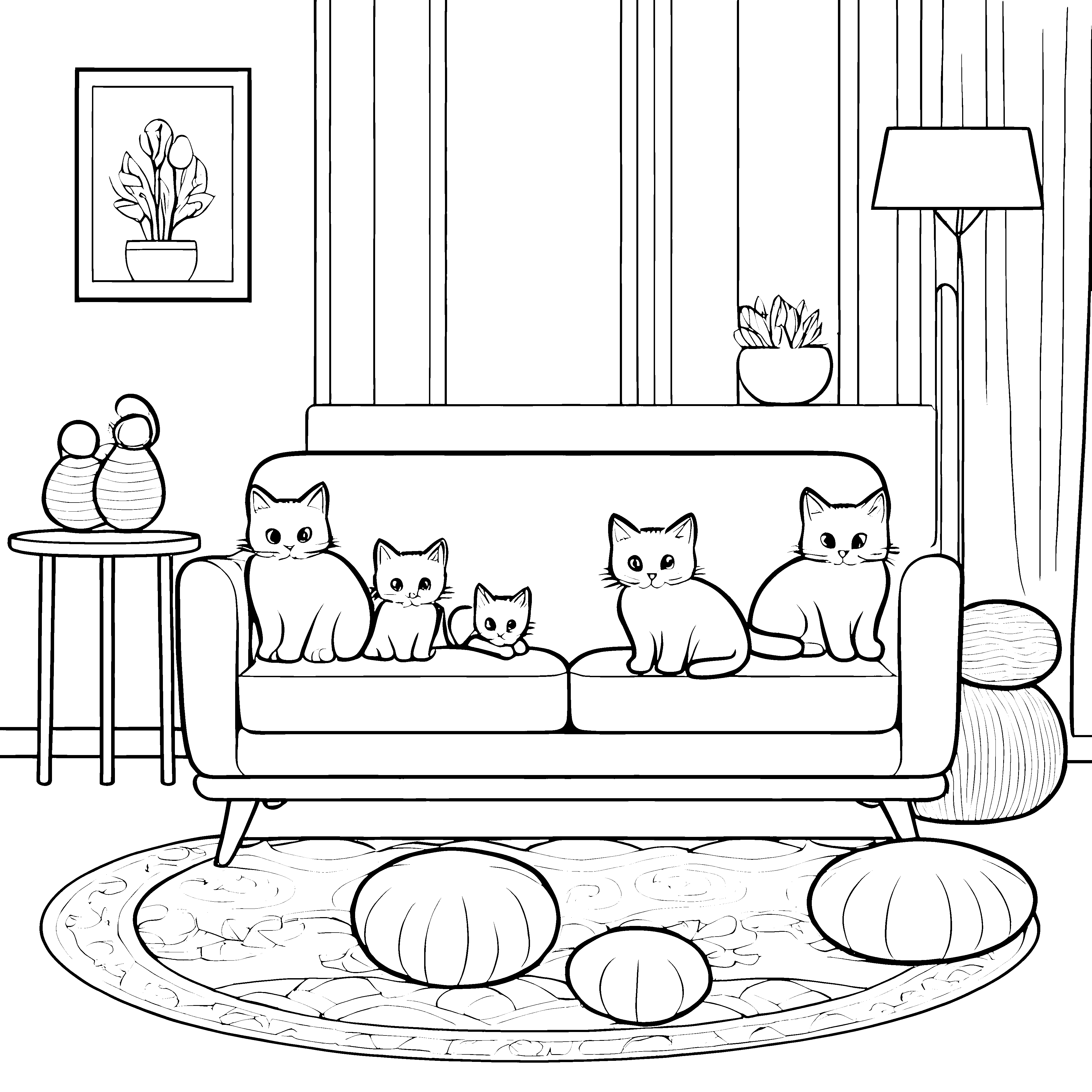 Gemütliche Katzenmama mit Kitten auf dem Sofa Ausmalvorlage für kleine Wohnzimmerfreunde