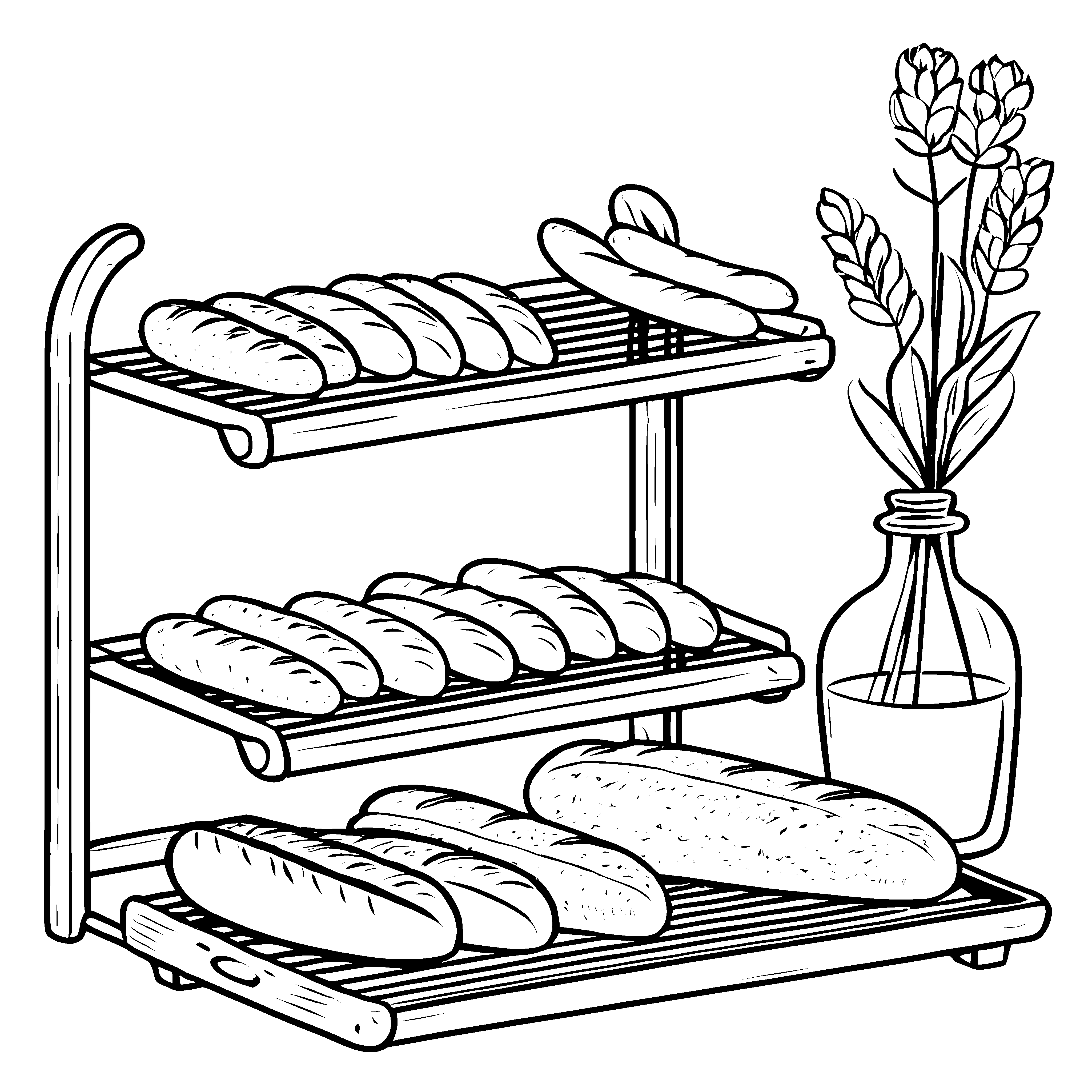 Frische Baguettes auf Holzgestell Ausmalvorlage für verträumte Backbegeisterte