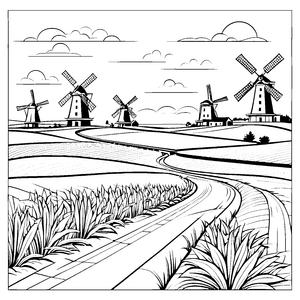 Idyllische Windmühlenlandschaft Ausmalvorlage für Feldläufer