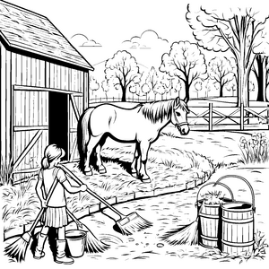 Fleißiger Stallputz mit Pferd Ausmalbild für neugierige Bauernhoffreunde