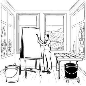 Konzentrierter Malermeister an der Leinwand Ausmalvorlage für kreative Kunstschaffende