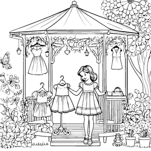 Das Mädchen wählt ein schönes Kleid im Pavillon – Ausmalbild fuer kleine Tierfreunde