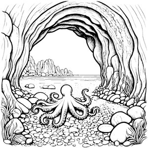 Mystischer Oktopus in der Felsengrotte Ausmalbild für junge Wasserforscher