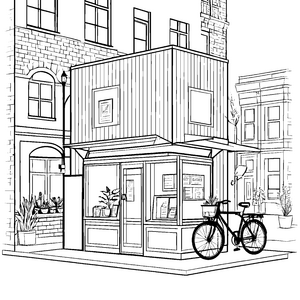 Gemütlicher Kiosk mit Fahrrad Ausmalvorlage für Stadtfreunde