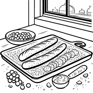Appetitliche Baguettes auf dem Holzbrett Ausmalbild für kreative Genießer