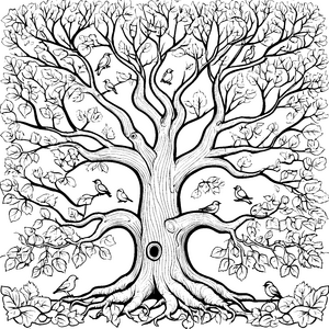 Prachtvoller Baum mit kleinen Vögeln Malbild für kreative Waldfreunde