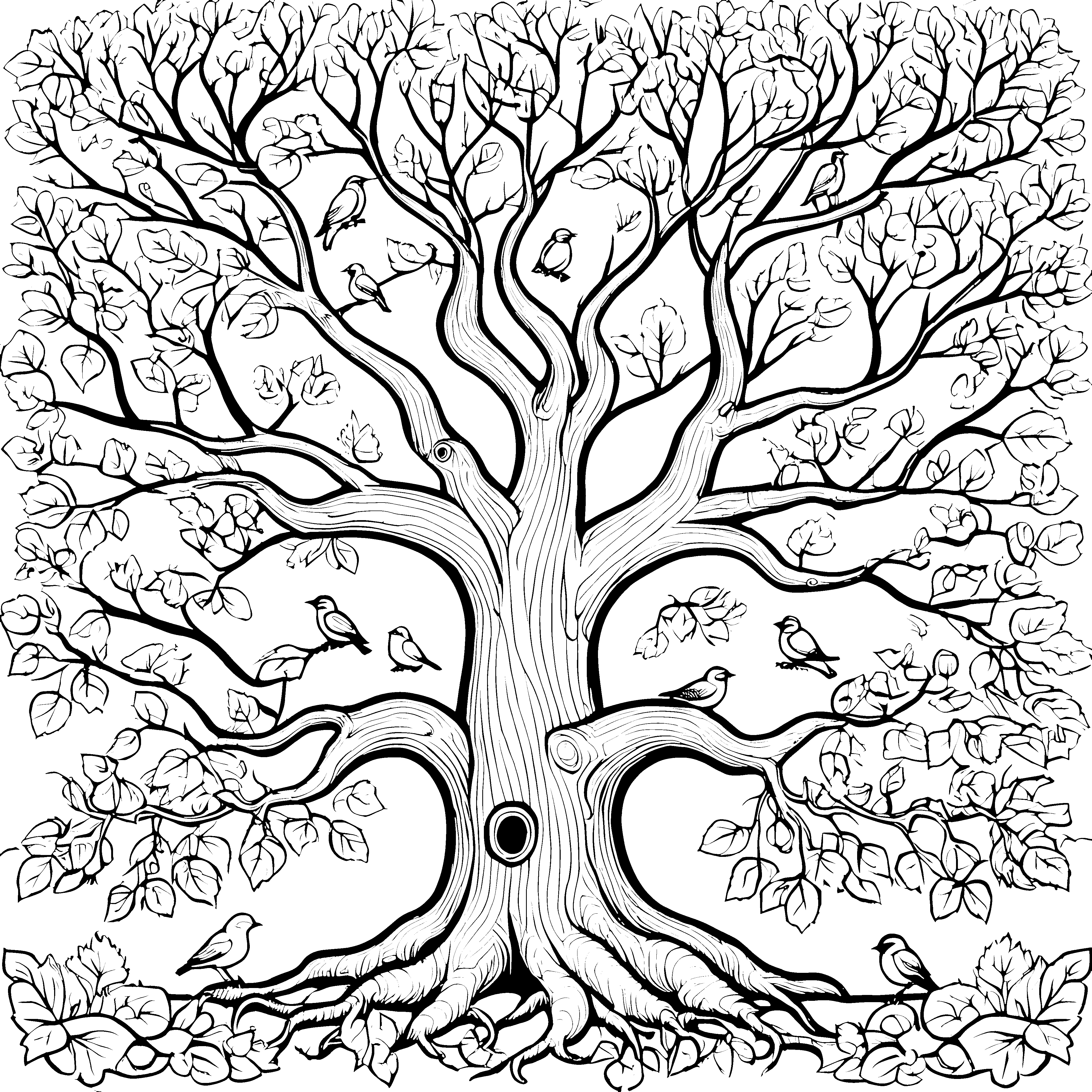 Prachtvoller Baum mit kleinen Vögeln Malbild für kreative Waldfreunde