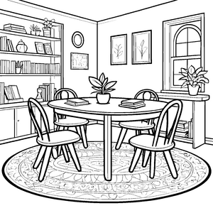 Gemütlicher ovaler Tisch mit Büchern Malvorlage für mutige Bibliothekshelfer