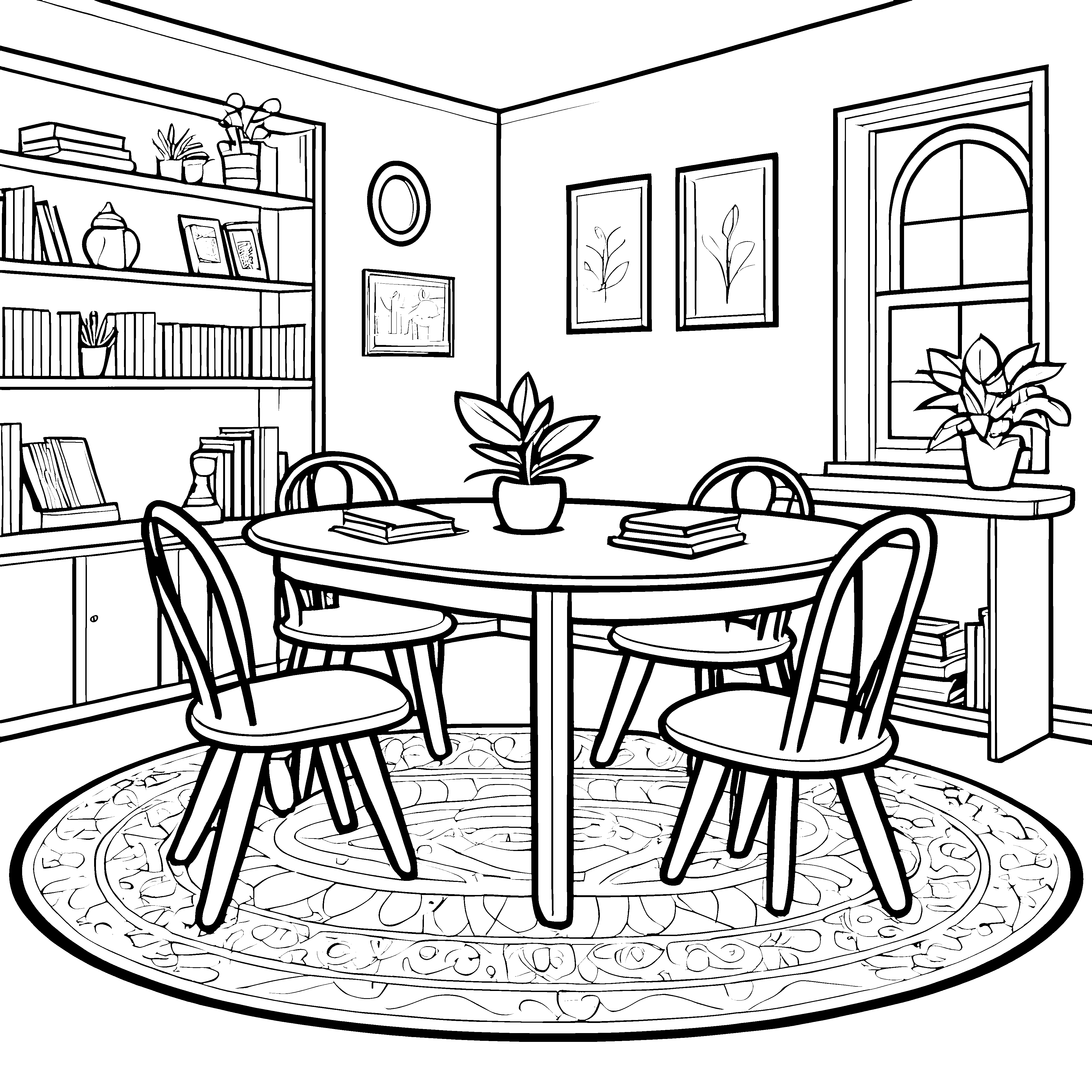 Gemütlicher ovaler Tisch mit Büchern Malvorlage für mutige Bibliothekshelfer