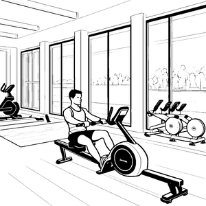 Dynamischer Sportler am Rudergerät Malvorlage für kreative Fitnessfans