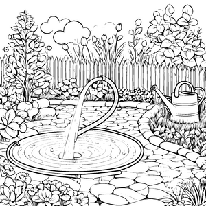 Sprudelnder Brunnen mit Gießkanne Bastelvorlage für junge Gartenfreunde