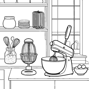 Praktischer Handmixer in der Küche: Ausmalvorlage für mutige Küchenhelfer