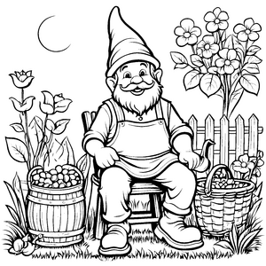 Der freundliche Gartenzwerg mit dem Korb voller Zuckererbsen - Ausmalbild fuer kleine Entdecker