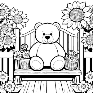 Sanfter Teddybär auf der Gartenbank: Malvorlage für verträumte Blumenkinder