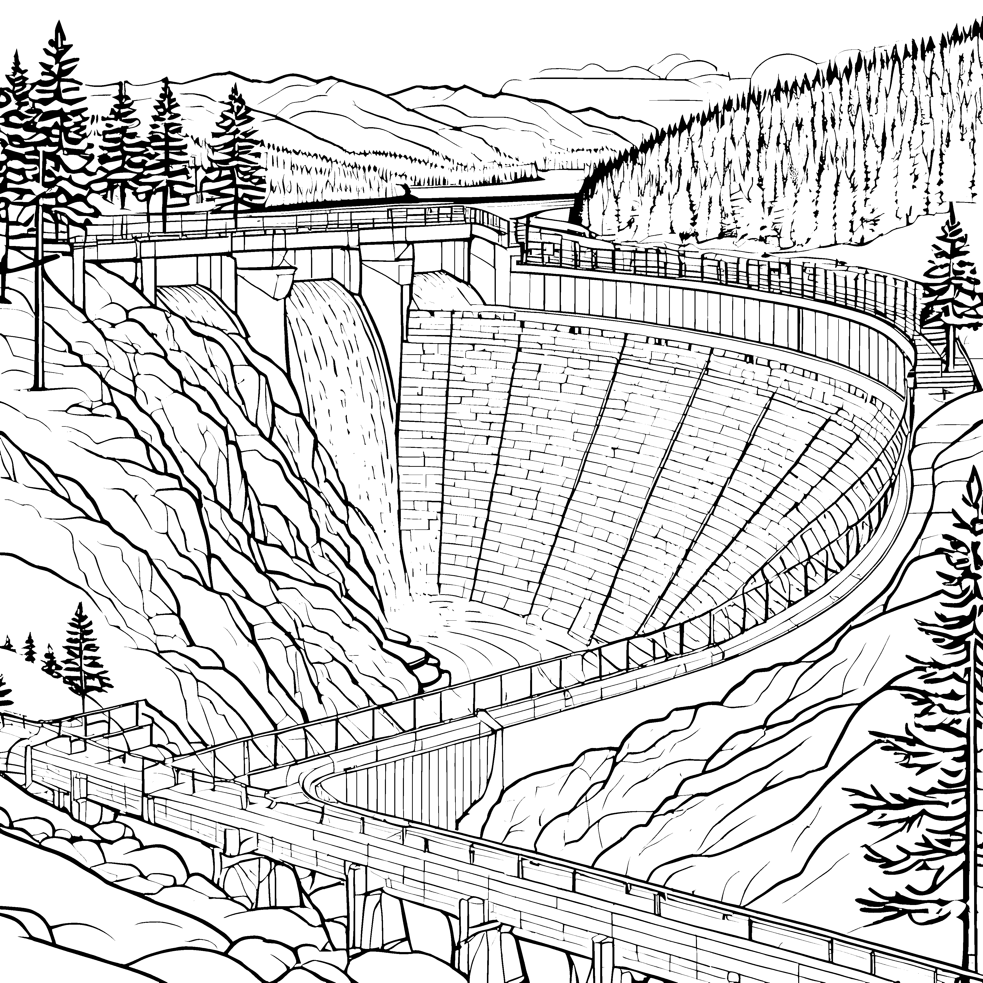 Imposanter Staudamm mit Brücke Malbild für neugierige Wasserforscher