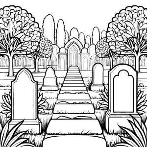 Feierlicher Friedhof mit Grabsteinen Ausmalbild für neugierige Gedenkfreunde