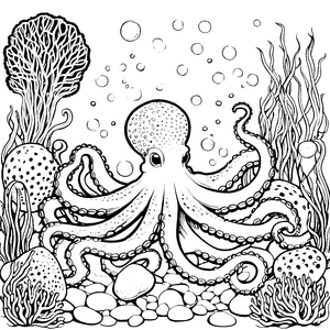 Fantastischer Oktopus bei Korallen Ausmalvorlage für junge Meeresforscher