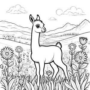 Sanftes Lamajungtier in Blumenwiese Malbild für kreative Bergkinder