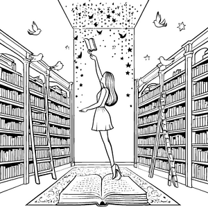 Das Mädchen mit glatten langen Haaren in der Bibliothek Ausmalbild fuer kleine Entdecker