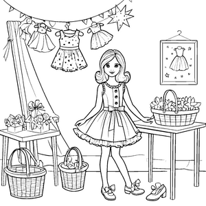 Das Mädchen im schönen Kleid mit Geschenken und Körben – Ausmalbild fuer kleine Entdecker