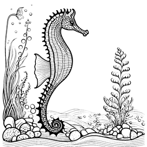 Prachtvolles Seepferdchen mit Algen Malbild für Wasserforscher
