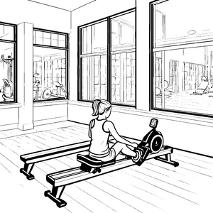 Sportliche Mädchen auf dem Rudergerät Malbild für junge Fitnessfans