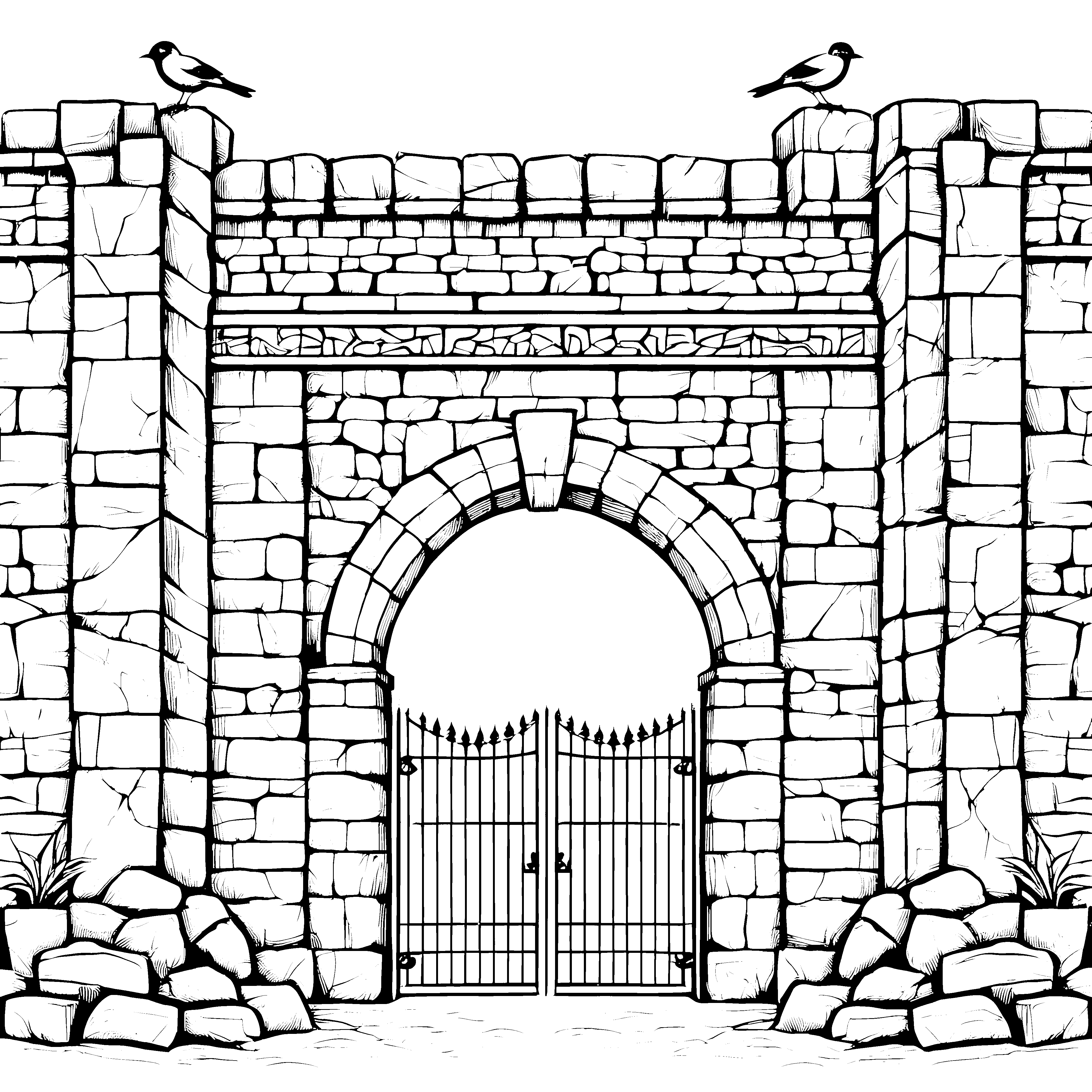 Massive Steinmauer mit Rundbogentor Ausmalbild für neugierige Burgbauer