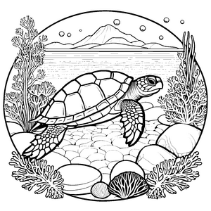 Wundervolle Schildkröte am Korallenriff: Ausmalvorlage für Meeresforscher