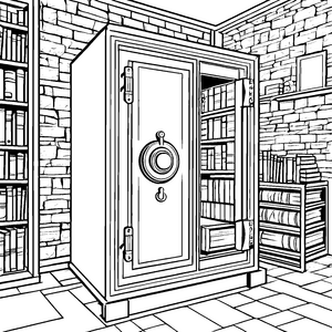 Geheimnisvoller Tresor mit Bücherregal Malbild für fröhliche Lesefreunde