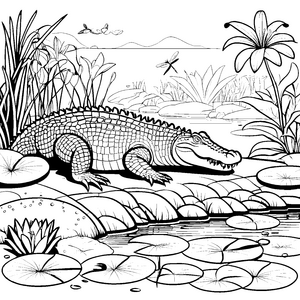 Das große Krokodil am Teich mit Seerosen - Ausmalbild fuer kleine Entdecker