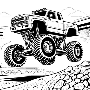 Gigantischer Monstertruck auf Felsen Malvorlage für Offroad-Fans