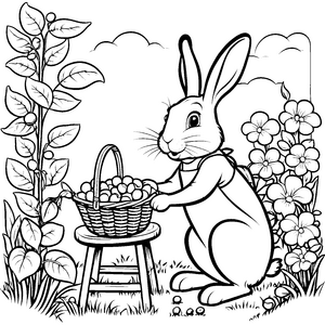 Der Hase mit dem Korb voller Zuckererbsen - Ausmalbild fuer kleine Entdecker