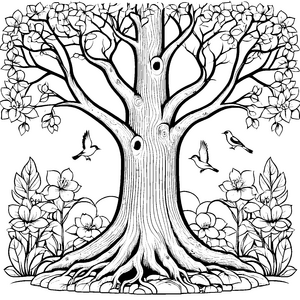 Prachtvoller Baum mit fliegenden Vögeln Malbild für Naturfreunde