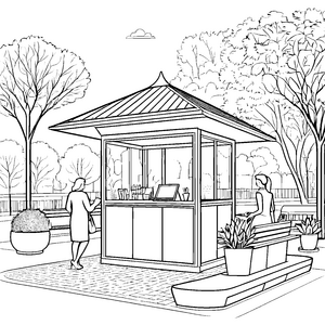 Idyllischer Parkkiosk mit Banken Ausmalbild für junge Parkbesucher