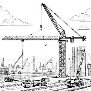 Große Baukräne und Lastwagen auf der Baustelle – Ausmalbild fuer kleine Entdecker