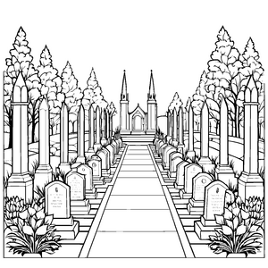 Ehrwürdiger Friedhof mit Kapelle Ausmalvorlage für junge Denker