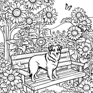 Aufmerksamer Australian Shepherd auf Sonnenblumenbank Malbild für Gartenfreunde