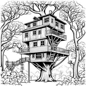 Prachtvolles Baumhaus mit Balkonen Ausmalvorlage für neugierige Waldfreunde