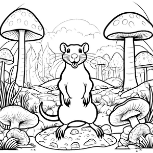 Wachsame Nacktmulle zwischen Pilzen: Ausmalvorlage für kreative Waldfreunde
