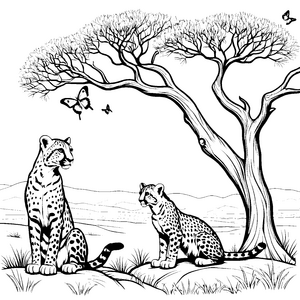 Verspielte Gepardenjungtiere unter dem Baum Malbild für neugierige Savannenfreunde