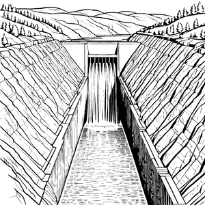 Imposanter Staudamm mit Wasserfall Ausmalvorlage für kleine Wasserforscher
