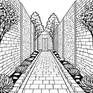 Strukturierte Ziegelwände mit Gartenpfad Bastelmotiv für mutige Mauerbauer