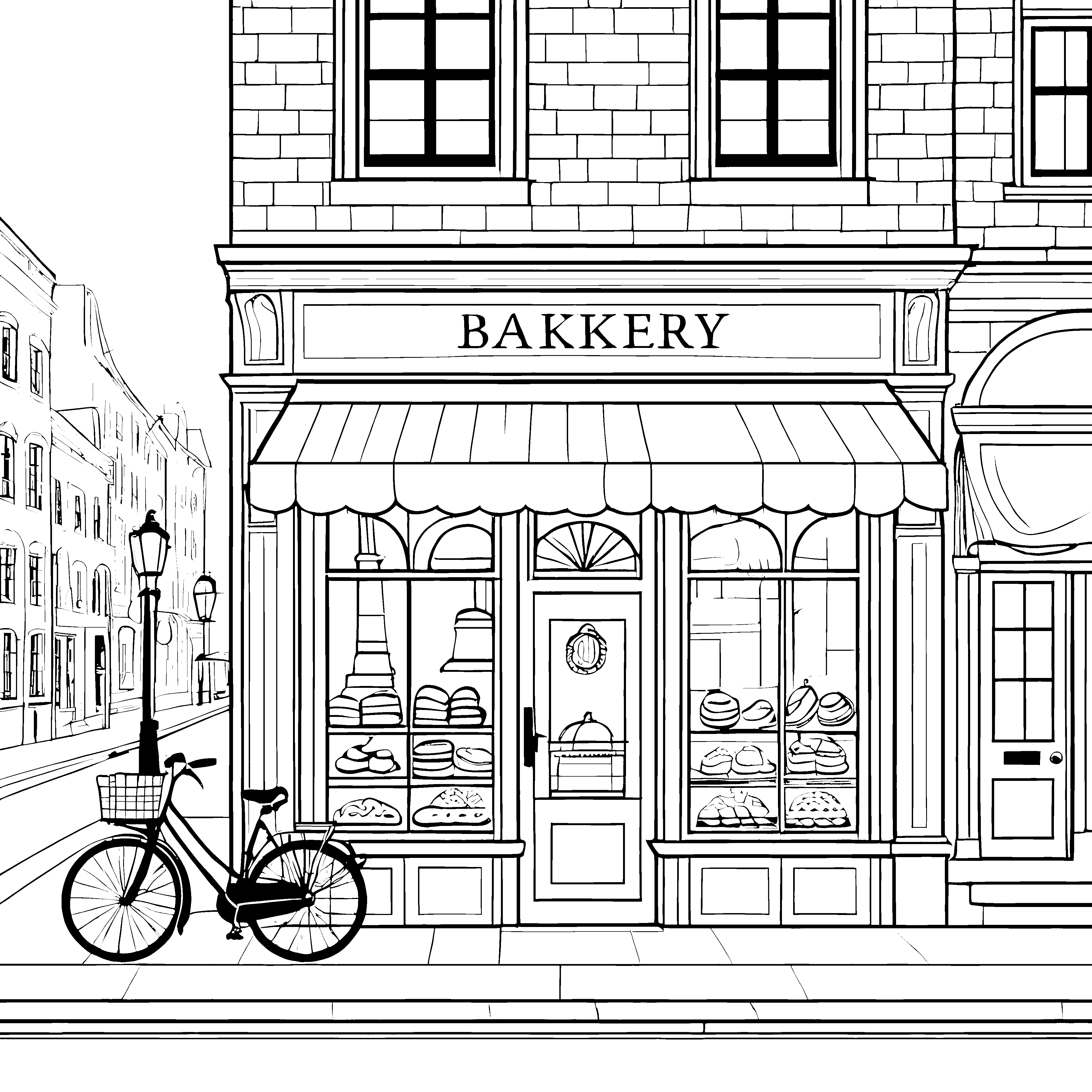 Gemütliche Bäckerei mit Fahrrad Ausmalbild für mutige Brötchenfans