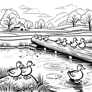 Heitere Enten auf dem Holzsteg Ausmalvorlage für malfreudige Teichbesucher